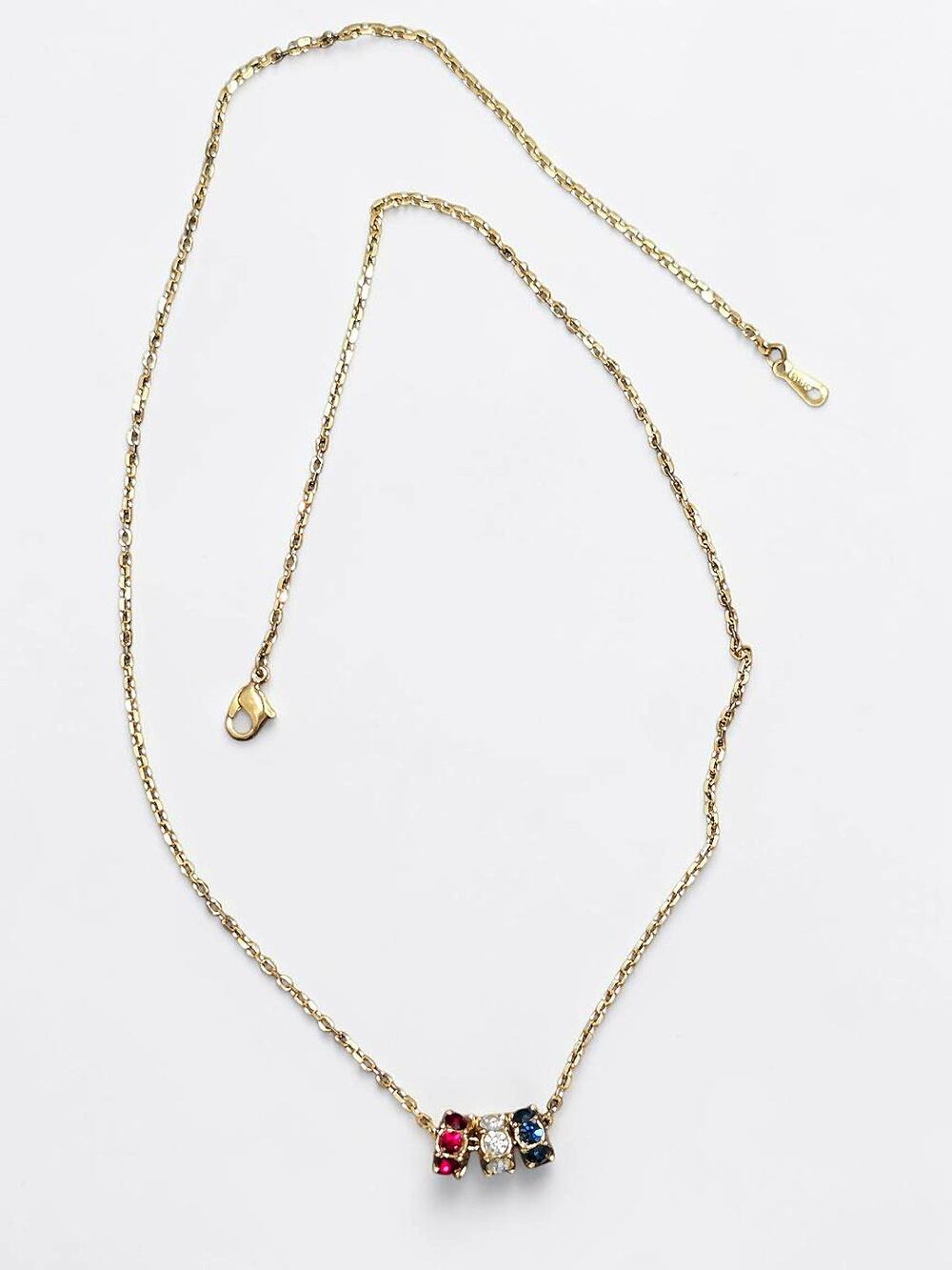 Vintage Avon Gold Metal Necklace With Rhinestone Red, White Blue Crystals